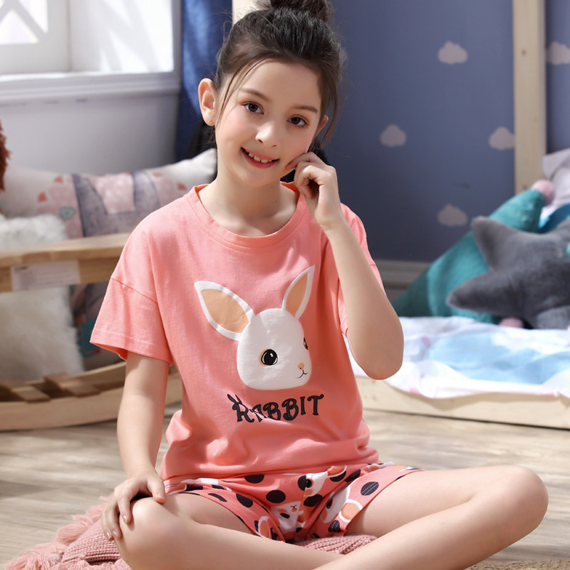 女童纯棉短袖睡衣春夏季可爱女孩两件套少女8-9周岁12-14家居服15