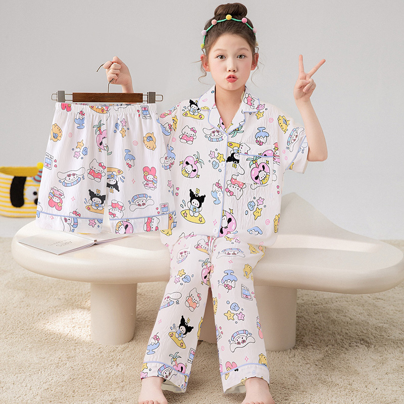 三件套儿童睡衣女孩夏季云朵棉绸