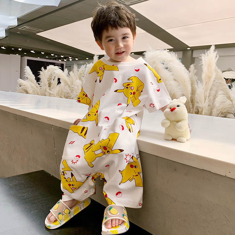 儿童睡衣男孩4-7-9岁10夏季纯棉短袖男大童12连体衣家居服皮卡丘