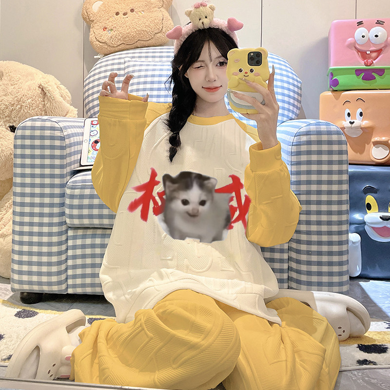 冬季睡衣女款爆火猫meme权威搞怪小猫咪抽象恶搞初中生家居服套装