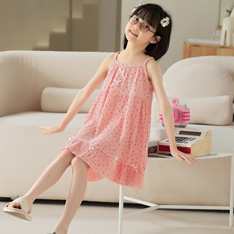 女童睡裙夏款纯棉公主小女孩可爱吊带裙小清新甜美少女棉绸连衣裙