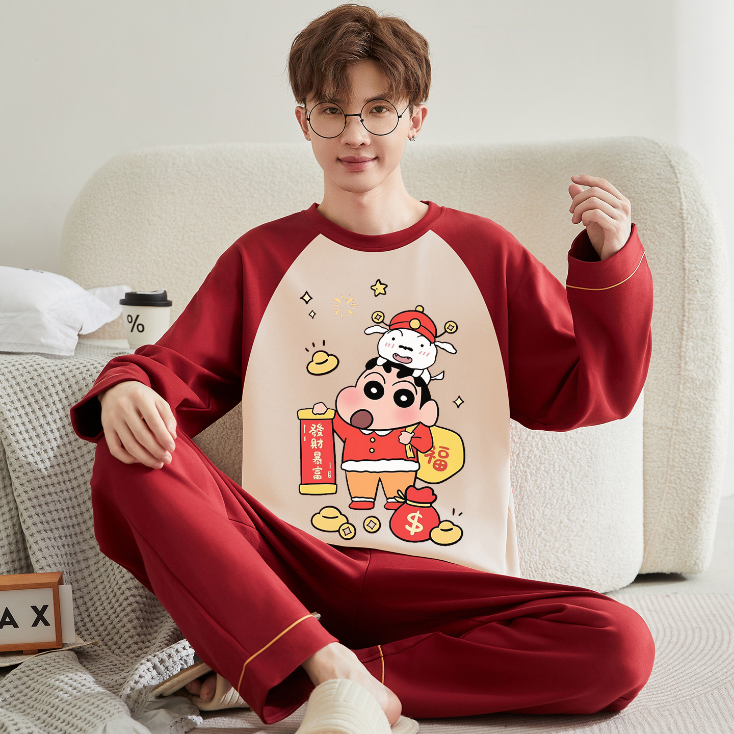 纯棉睡衣男士红色秋衣秋裤青少年