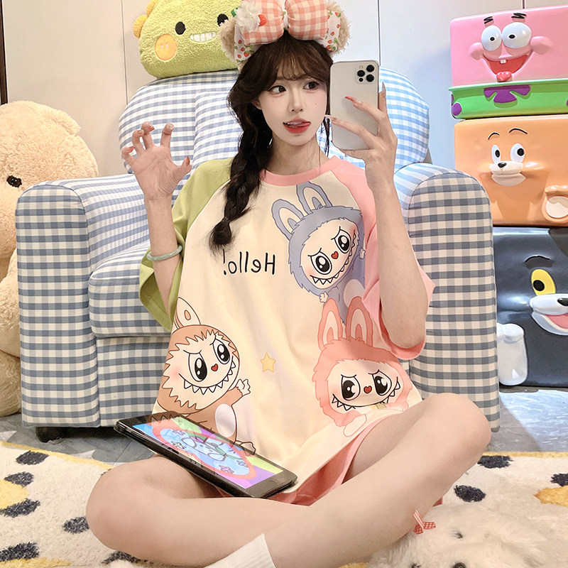 纯棉睡衣女款2026新款夏季短袖短裤薄款拉布布家居服可爱甜妹套装