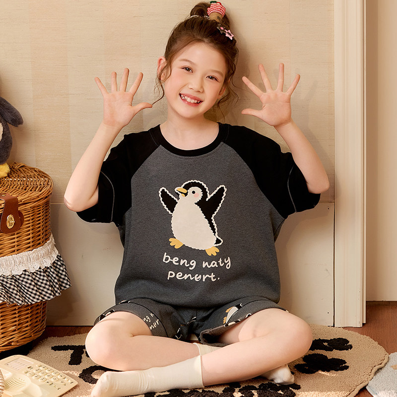 儿童夏季睡衣女孩衣服pingu企鹅2026新款女童装初中生纯棉家居服 - 实物图