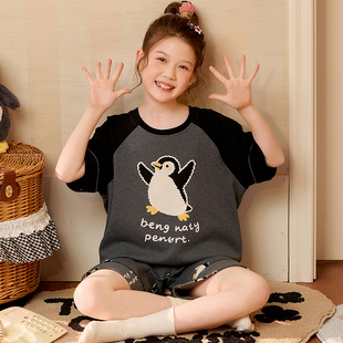 儿童夏季睡衣女孩衣服pingu企鹅2026新款女童装初中生纯棉家居服