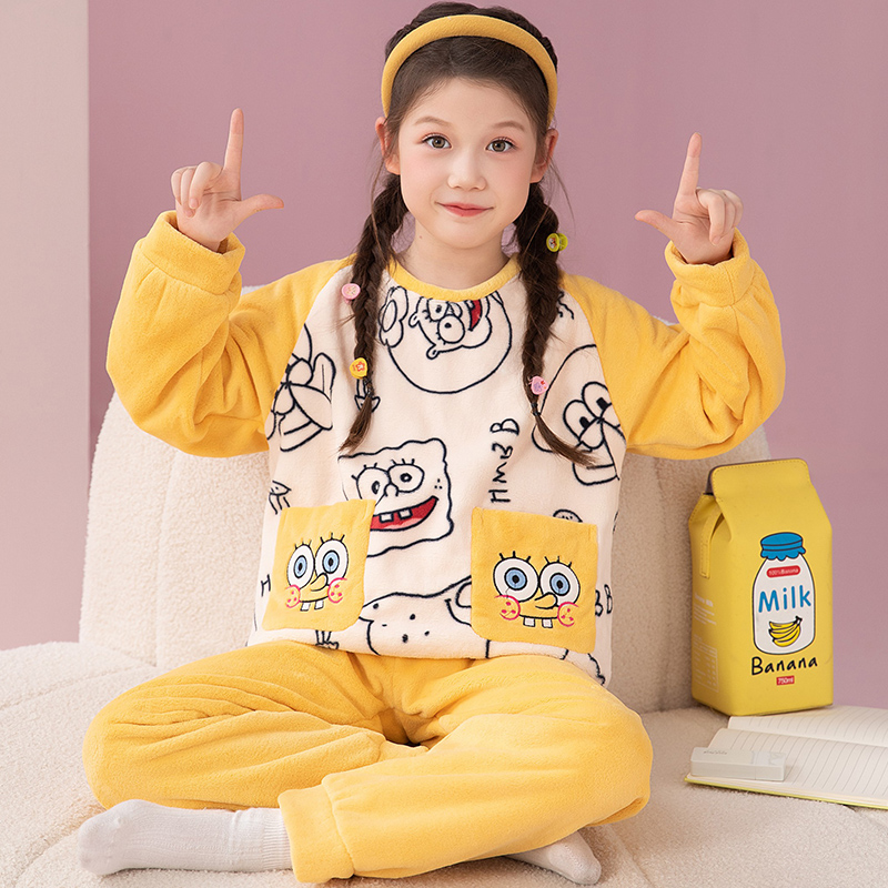 女童睡衣海绵宝宝冬季法兰绒套装