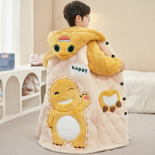 三层夹棉男童睡衣冬季珊瑚绒睡袍儿童家居服2025新款浴袍奶龙童装