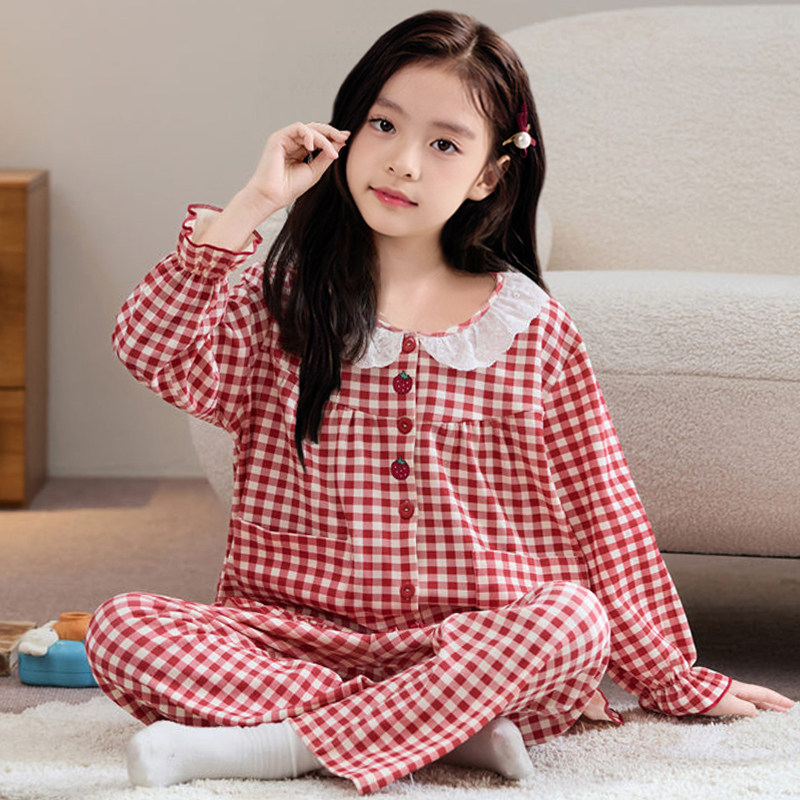 儿童睡衣2026正流行女童套装长袖春秋季格子小女孩衣服纯棉家居服