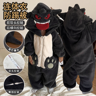 耿鬼儿童睡衣男孩睡袋女童冬新款连体衣宝可梦中大童珊瑚绒家居服