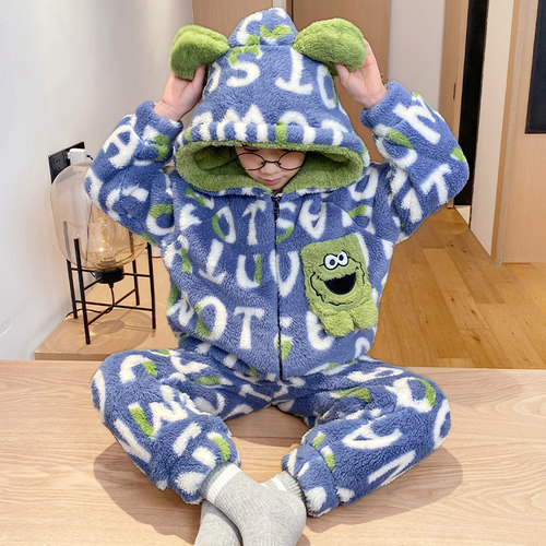 亲子儿童睡衣冬季法兰绒男童套装