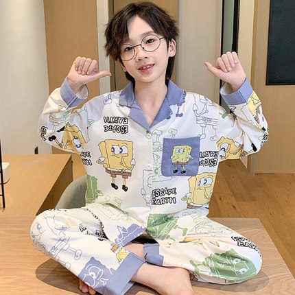 儿童睡衣男童长袖纯棉秋季套装卡通小男孩大童海绵宝宝家居服春秋