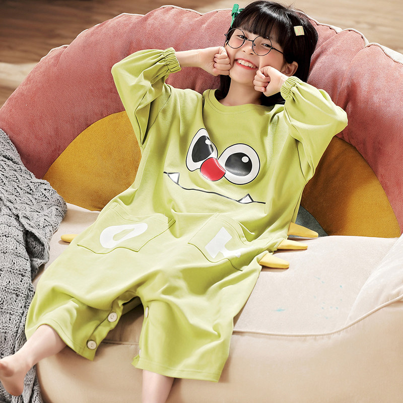 2021年新款连体睡衣母女睡裙中大童女孩春秋季恐龙连身哈衣可外穿