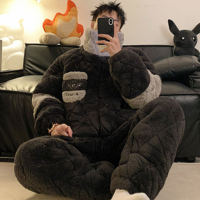 男生睡衣三层夹棉袄珊瑚绒家居服