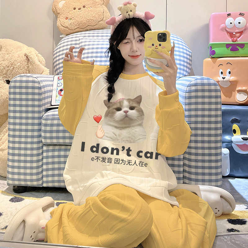 长袖睡衣女空气棉猫meme衣服套装冬季抽象搞怪网红猫表情包家居服