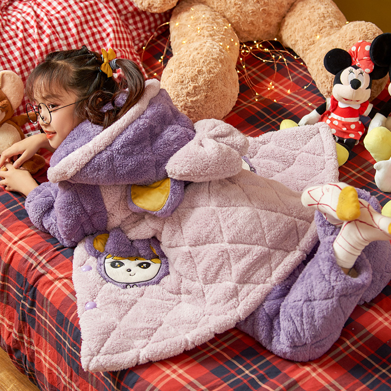 冬季儿童加厚睡衣睡袍女孩珊瑚绒大童中长款浴袍可爱少女两件套装