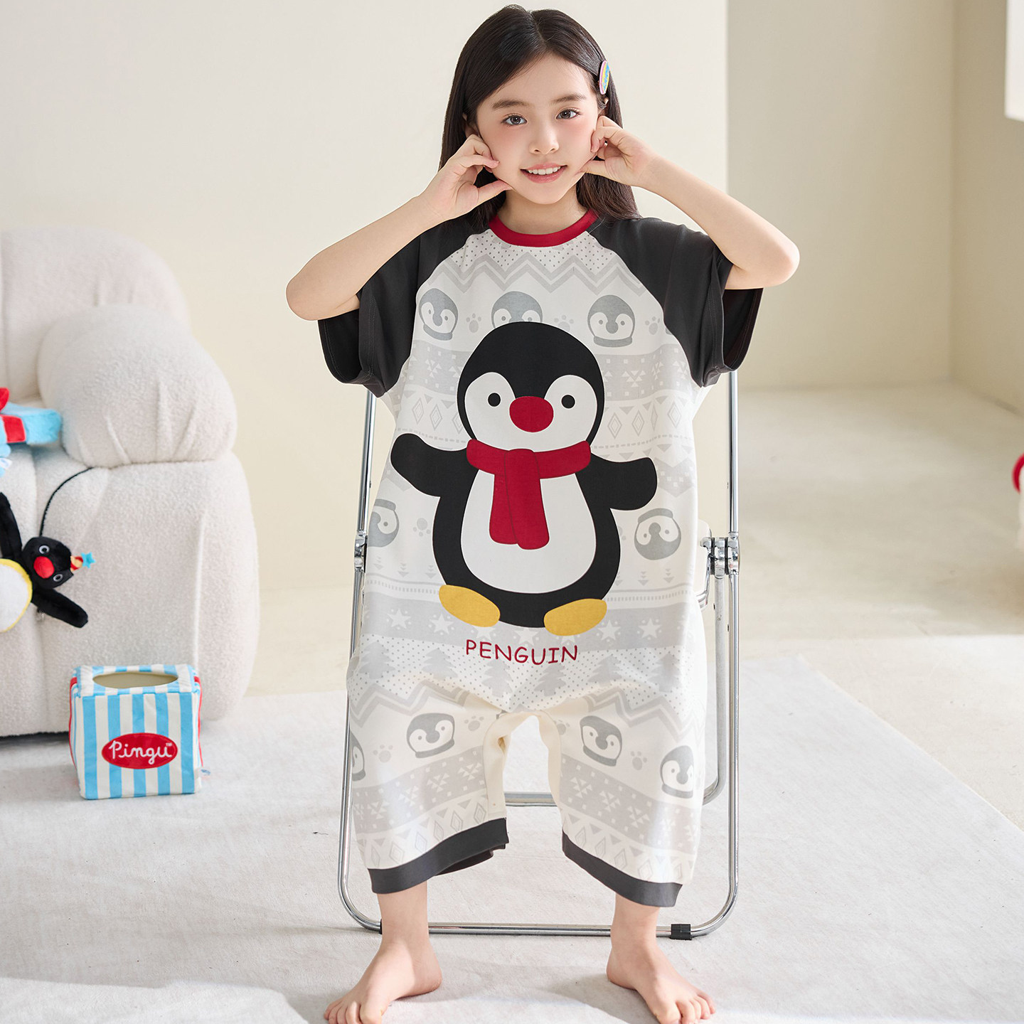 夏天儿童连体睡衣女童宝宝睡袋纯棉连体衣pingu企鹅防踢被子神器