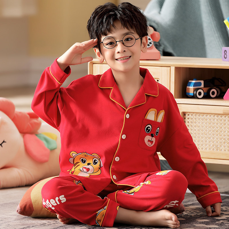 龙年男童睡衣纯棉长袖中大童13岁男孩本命年红色新年家居服套装15