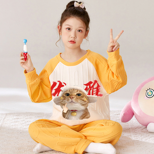 儿童睡衣女孩2025新款空气棉搞笑小猫大童女童家居服两件套秋冬款