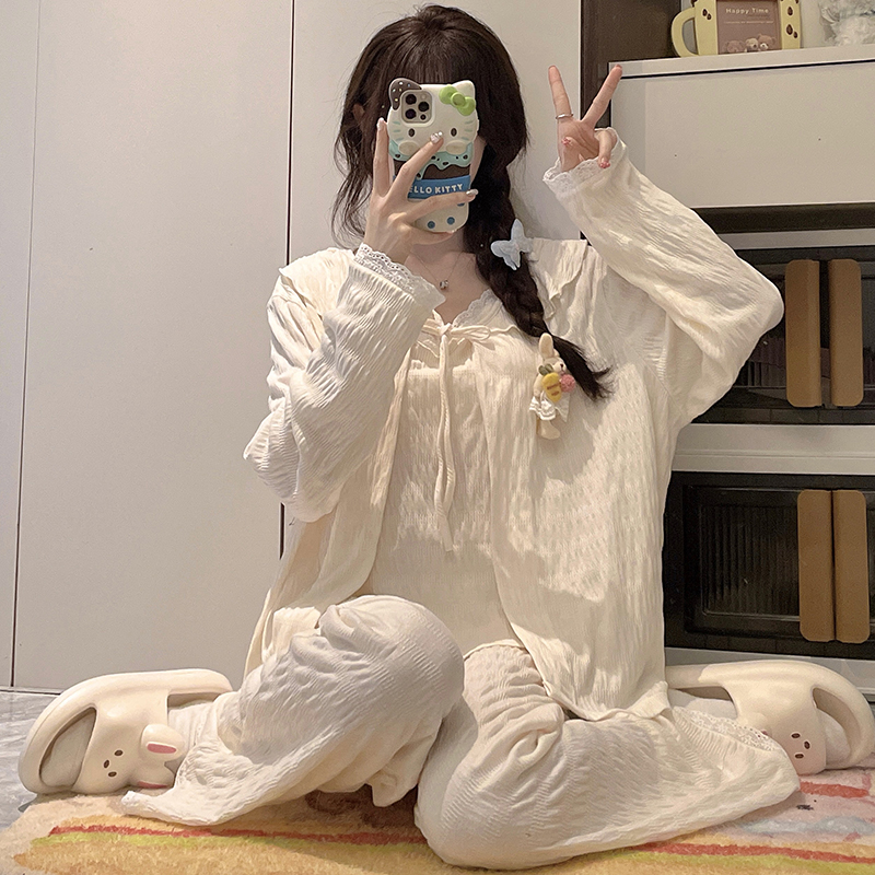 睡衣女春秋季三件套装纯棉绸吊带