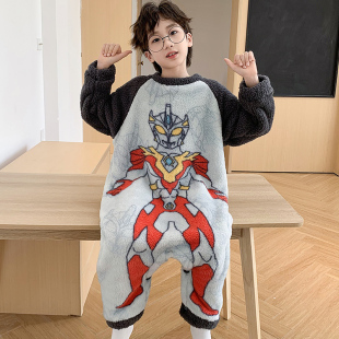 奥特曼睡衣宝宝连体衣秋冬男孩冬装加厚大童珊瑚绒家居服儿童睡袋
