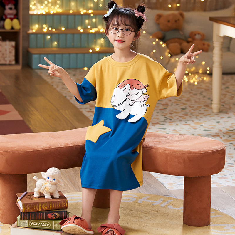 2022夏季纯棉女童睡裙薄可爱卡通初中生12岁姐妹闺蜜装短袖家居服