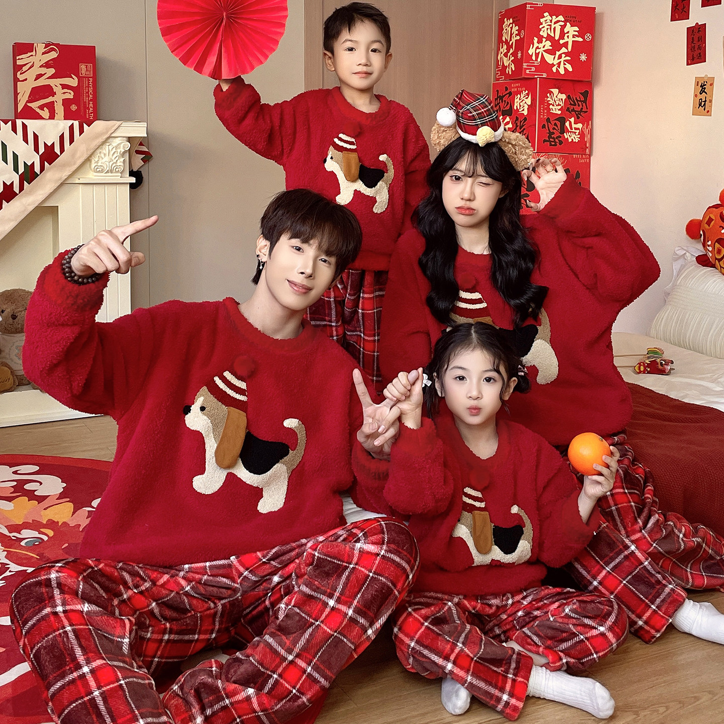 新年马年半边绒睡衣女本命年2026超火冬装红色亲子装儿童家居服男