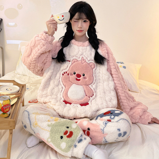 新款珊瑚绒睡衣女可外穿冬季加厚法兰绒可爱loopy家居服保暖套装