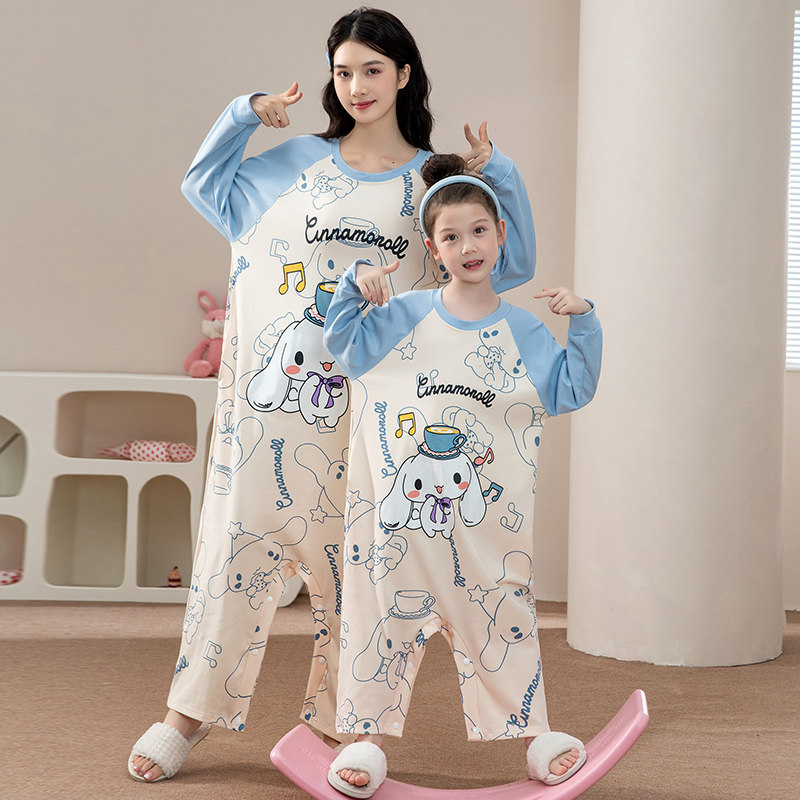 儿童睡衣女童连体衣春季纯棉长袖玉桂狗12岁宝宝家居服亲子装睡袋