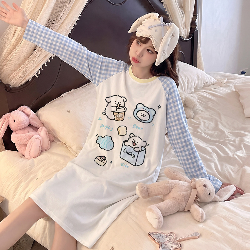 纯棉睡衣女童初中生线条小狗2026新款冬装裙子中长款儿童睡裙女款