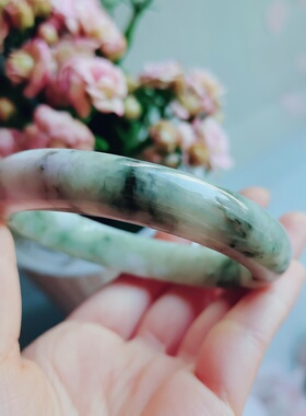 天然翡翠白底青飘绿紫罗兰玉手镯