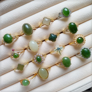 【新款秒杀】天然和田玉戒指 和田碧玉菠菜绿白玉青玉925活圈戒指