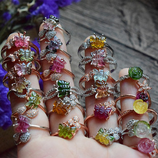 亏本清货!天然巴西碧玺戒指 碧玺玫瑰花蝴蝶925银活圈戒指女尾戒