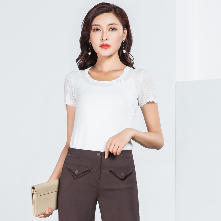 敦奴品牌折扣正品夏装女短款短袖白色苎麻T恤衬衫衬衣针织