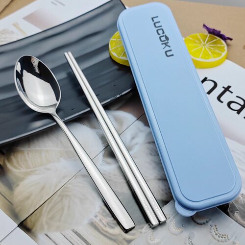 LUCUKU路卡酷304不锈钢筷子勺子两件套学生上班族便携餐具带盒子
