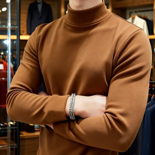 加厚双面绒T恤男士长袖半高领修身内搭秋冬德绒咖啡色保暖打底衫