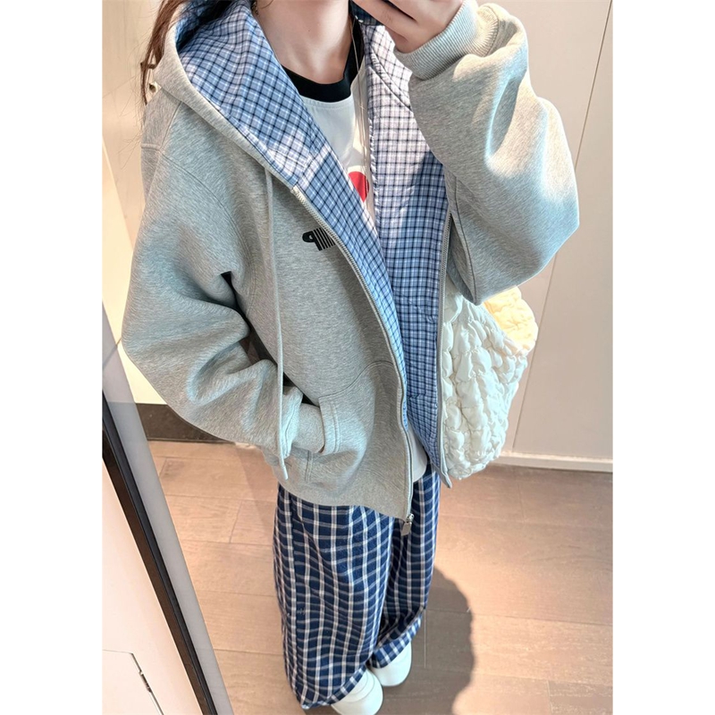 2025新款韩系格纹拼接连帽卫衣女
