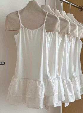 芭蕾风白色荷叶边裙摆吊带背心女夏季新款蕾丝花边下摆修身上衣