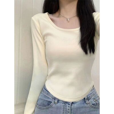 U领正肩长袖白t恤女秋冬季加绒加