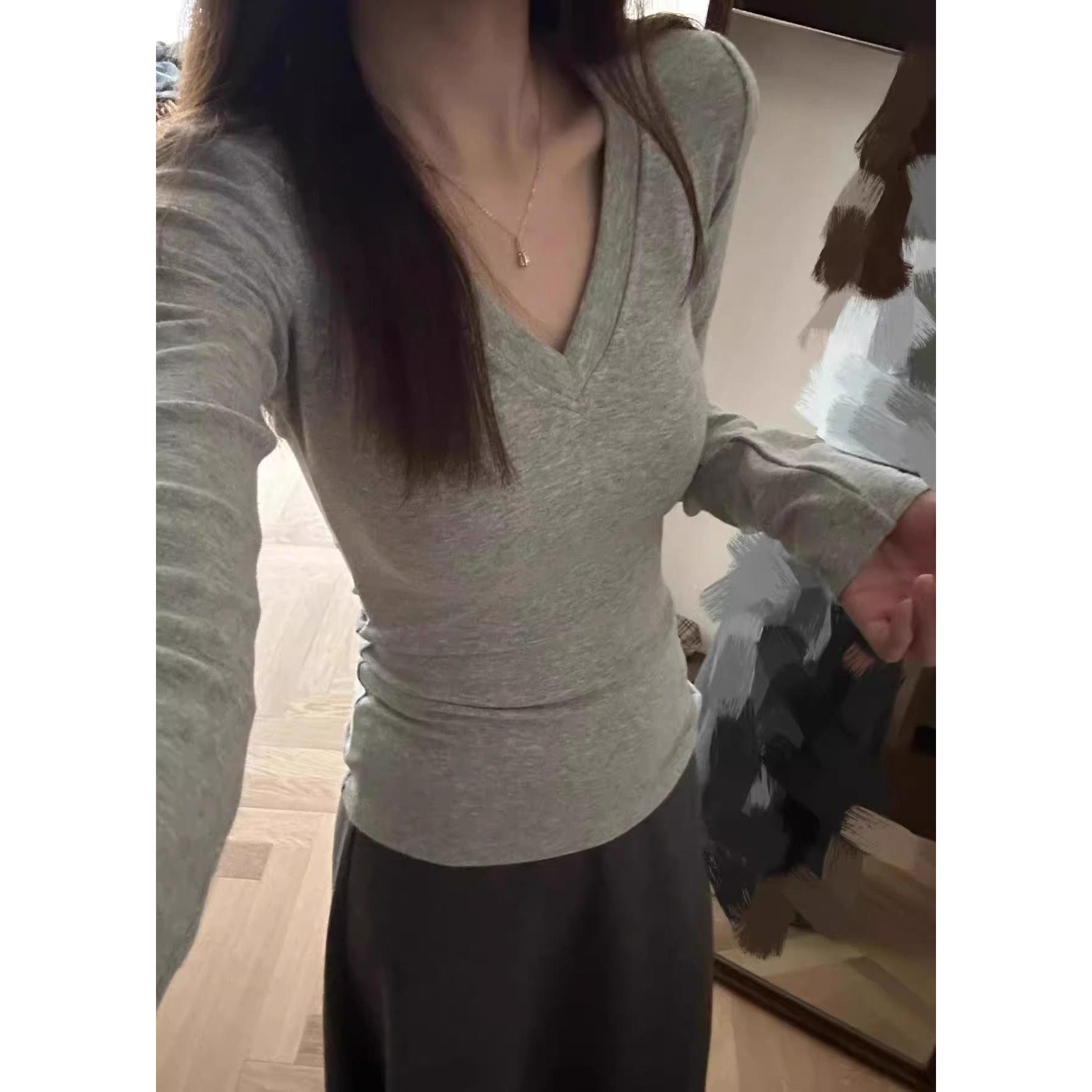 辣妹正肩德绒v领长袖t恤女秋