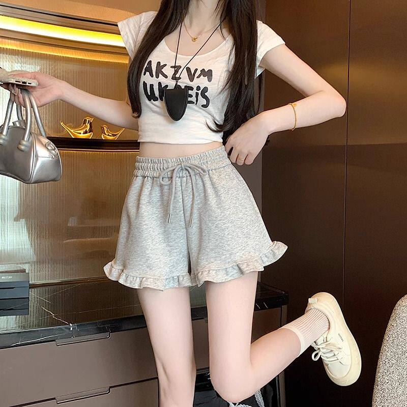 时尚高腰休闲裤抽绳木耳边运动短裤女2025夏季新款遮肉显瘦裤子夏,女装/女士精品,休闲裤,淘宝优惠券,粉丝福利购,淘宝优惠卷