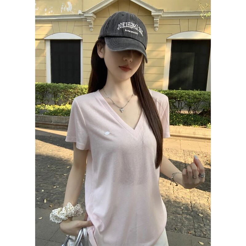 薄款短袖T恤韩系松弛感v领2025新款夏季宽松纯欲chic粉色上衣女装