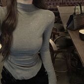 保暖上衣掐腰长袖 半高领加厚德绒亮闪闪打底衫 女秋冬内搭修身 t恤