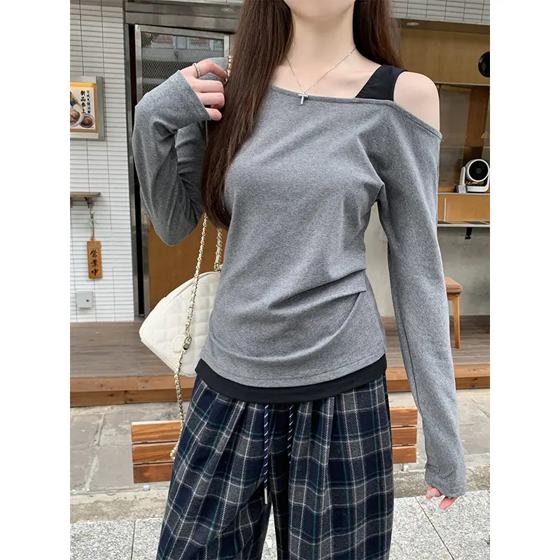 早秋韩系撞色露肩设计感辣妹t恤