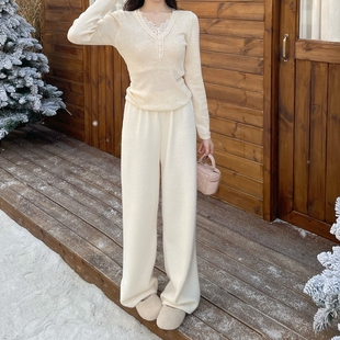 女冬显瘦宽松慵懒风休闲长裤 MOBAI默白 高腰垂感加厚针织阔腿裤