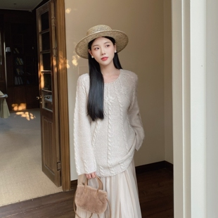 MOBAI默白 法式手工花朵慵懒风套头毛衣配大摆仙气高腰半身裙女