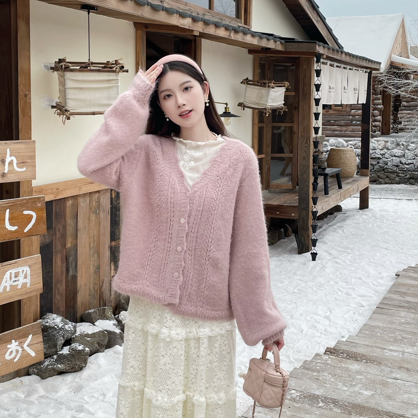 MOBAI默白 温柔羊毛麻花V领针织毛衣外套女秋冬宽松慵懒风开衫