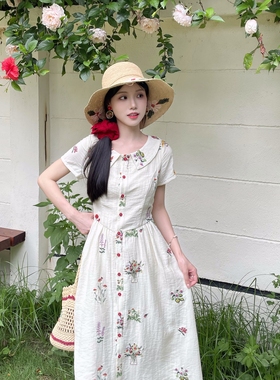 MOBAI默白【杏月拾花】法式复古花朵刺绣翻领连衣裙夏季显瘦长裙