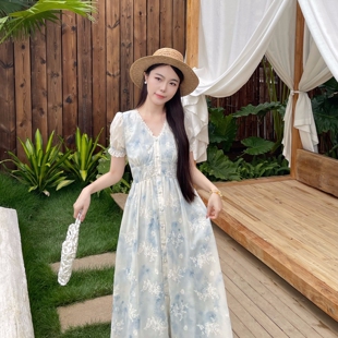 气质V领晕染印花刺绣连衣裙夏季 法式 显瘦长裙 雾中花 MOBAI默白