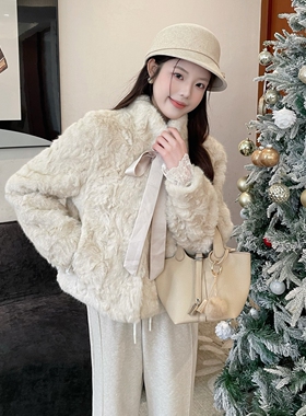 MOBAI默白 千金风环保皮草短外套女冬季新款蝴蝶结立领毛绒外套