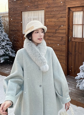 MOBAI默白【雾中星河】千金风狐狸毛领双面呢羊毛大衣中长款外套